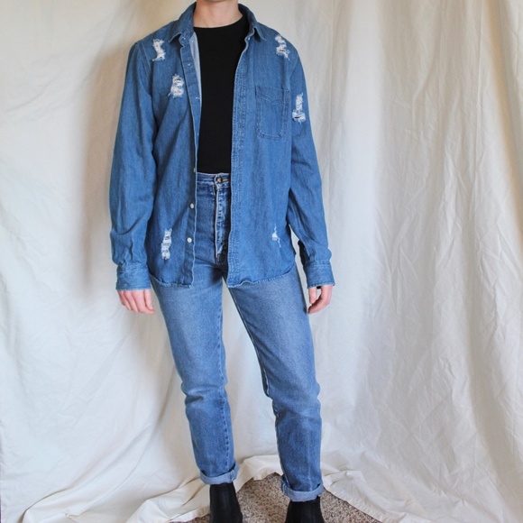 Distressed Denim Button Down Long Sleeve Shirt - Picture 2 of 6